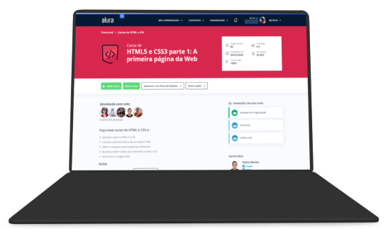 Um notebook com a tela da ALura aberta no curso de HTML e CSS